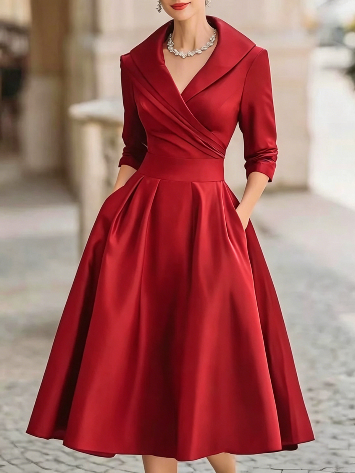 Robe Midi A-ligne en Satin Noir Élegante à Col V Plissé