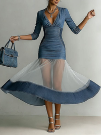 Robe Midi Ajustée en Denim Bleu avec Panneau en Maille