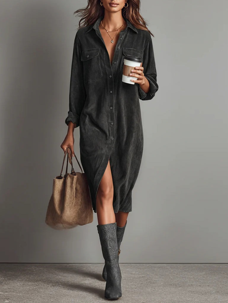 Robe Midi en Velours Côtelé Ample avec Poches Poitrine Doubles et Bouton Unique