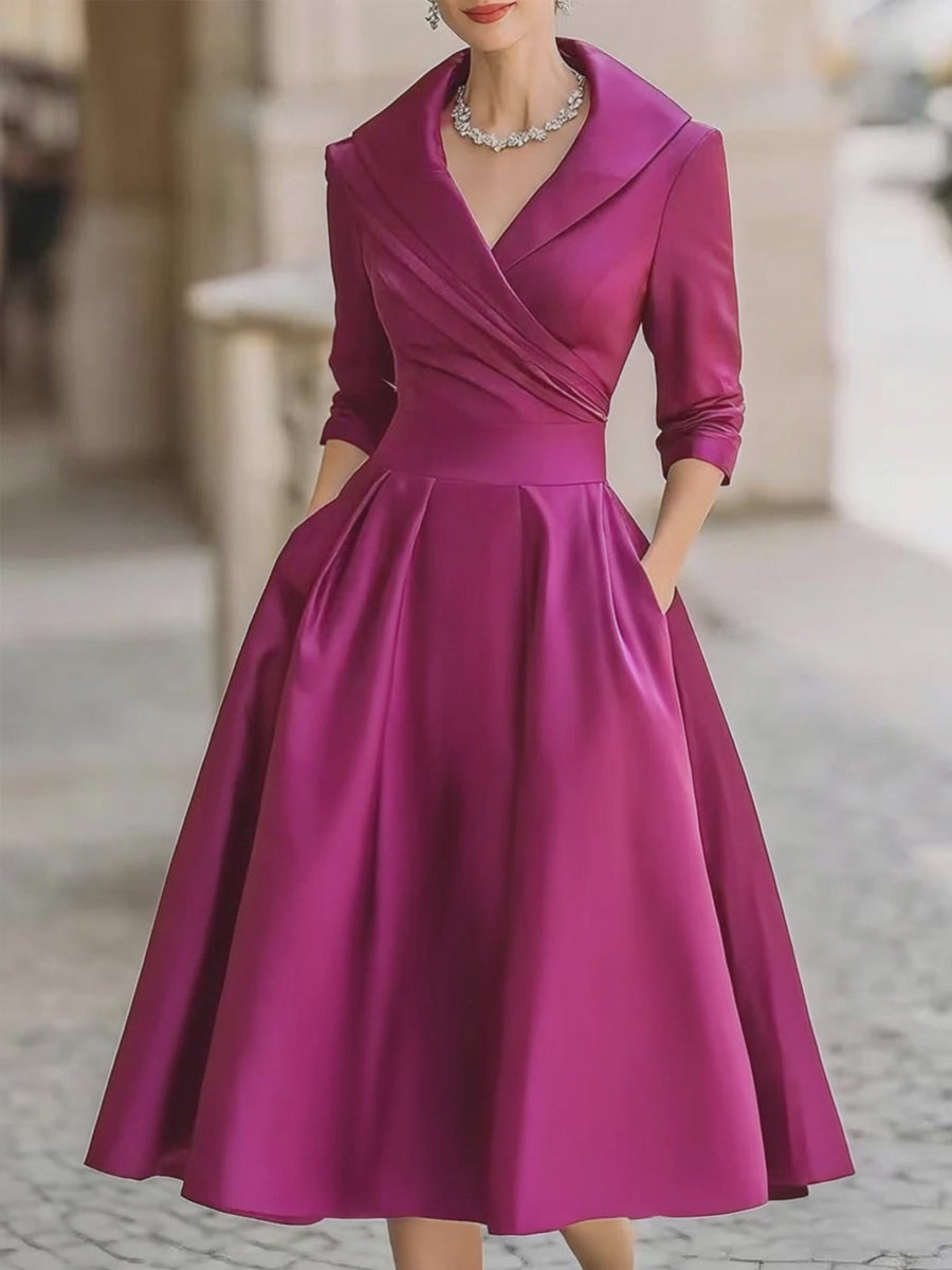 Robe Midi A-ligne en Satin Noir Élegante à Col V Plissé