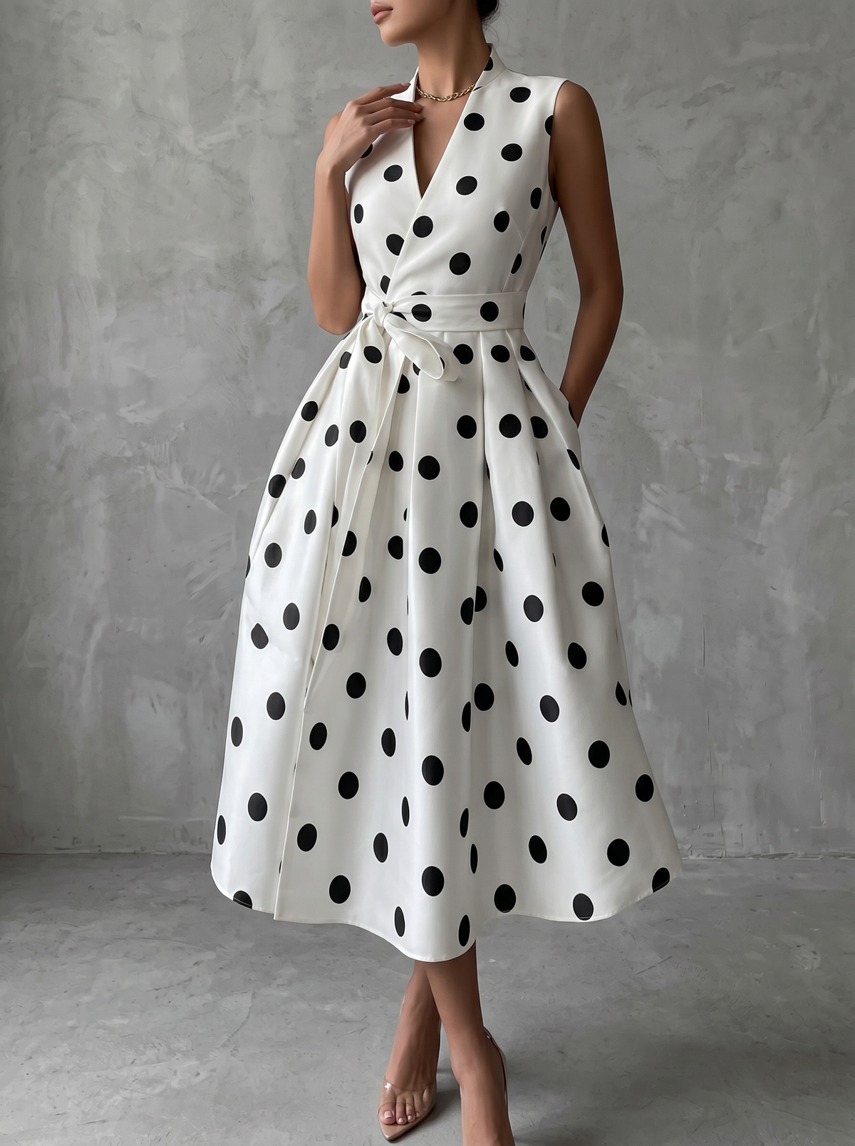 Robe midi sans manches à pois noir et blanc