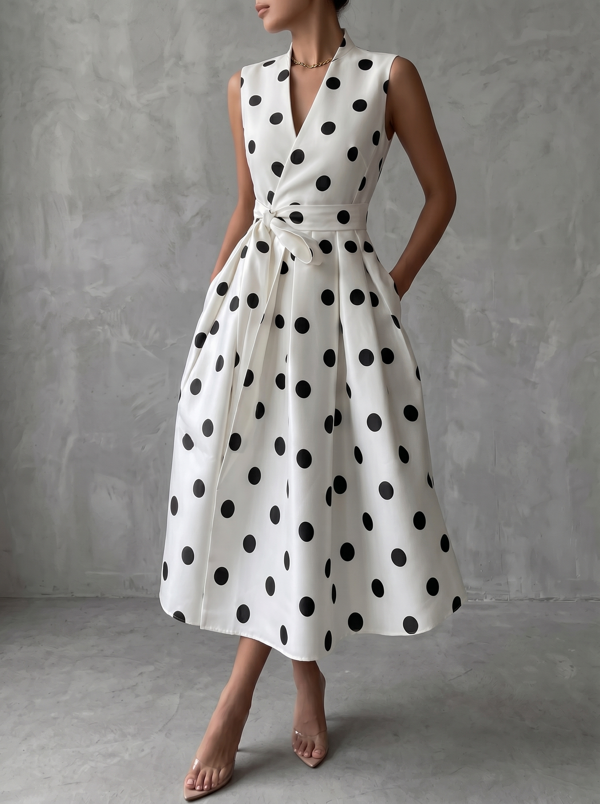 Robe midi sans manches à pois noir et blanc