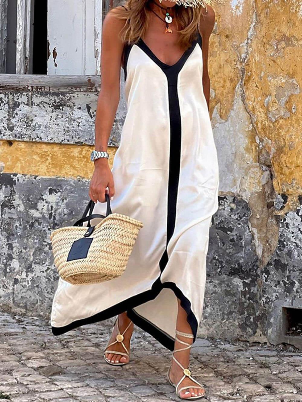 Robe Midi à Bretelles en Bloc de Couleurs Lavechic