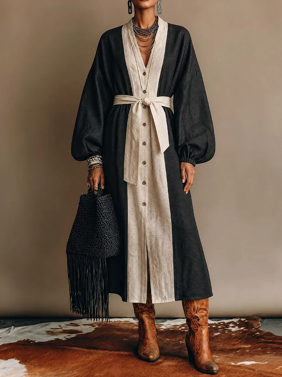 Robe Midi à Bloc de Couleurs Noir et Blanc