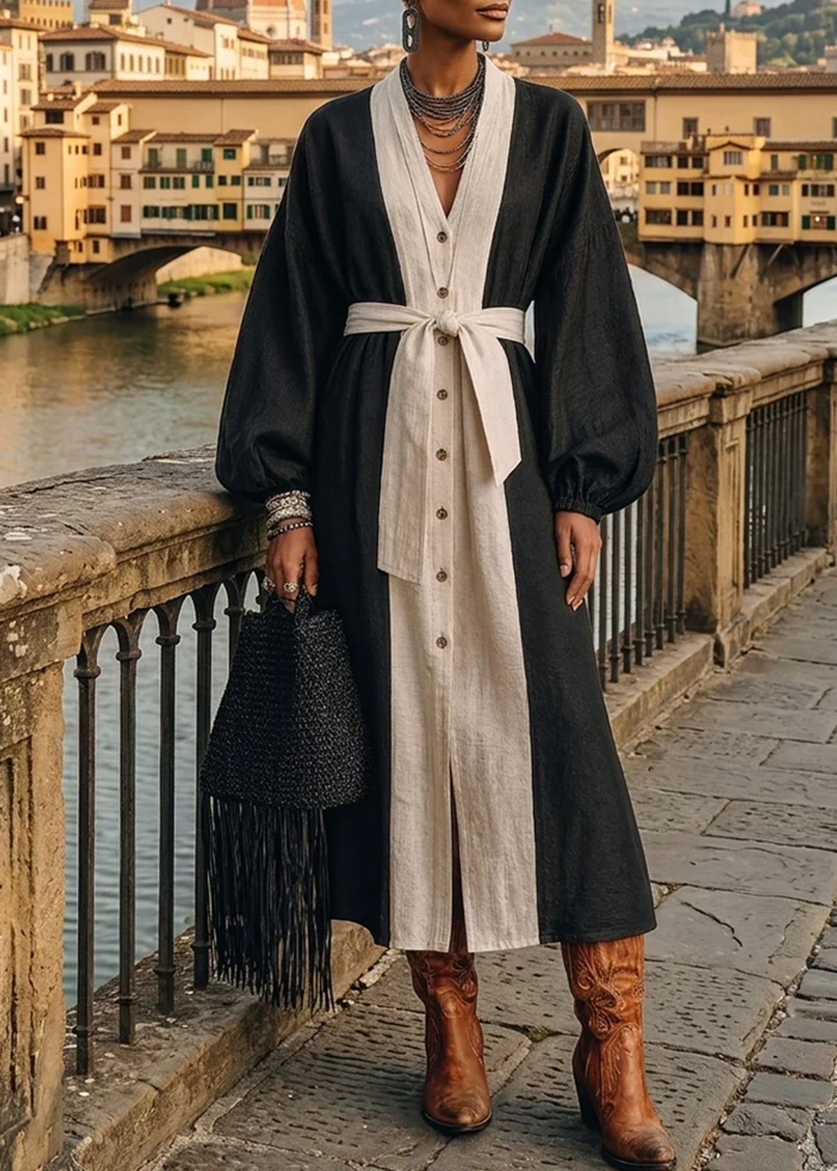 Robe Midi à Bloc de Couleurs Noir et Blanc