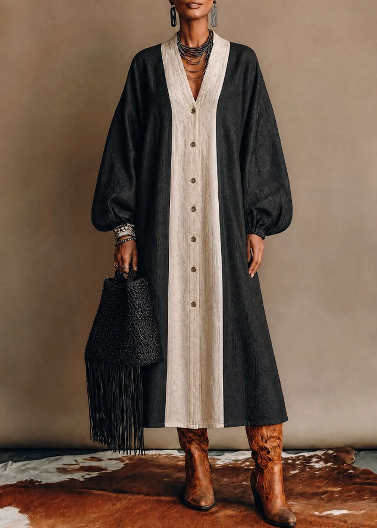 Robe Midi à Bloc de Couleurs Noir et Blanc