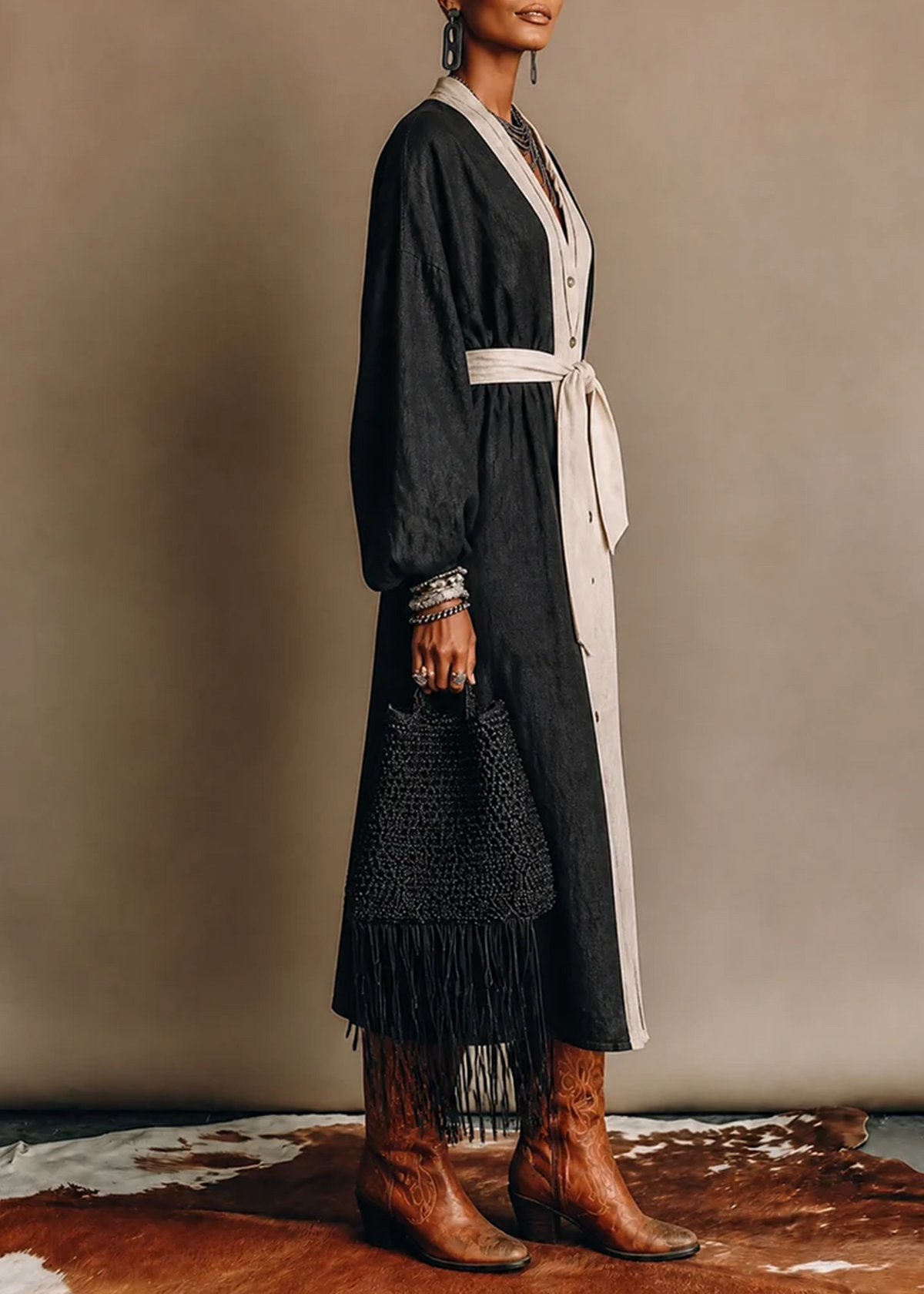 Robe Midi à Bloc de Couleurs Noir et Blanc