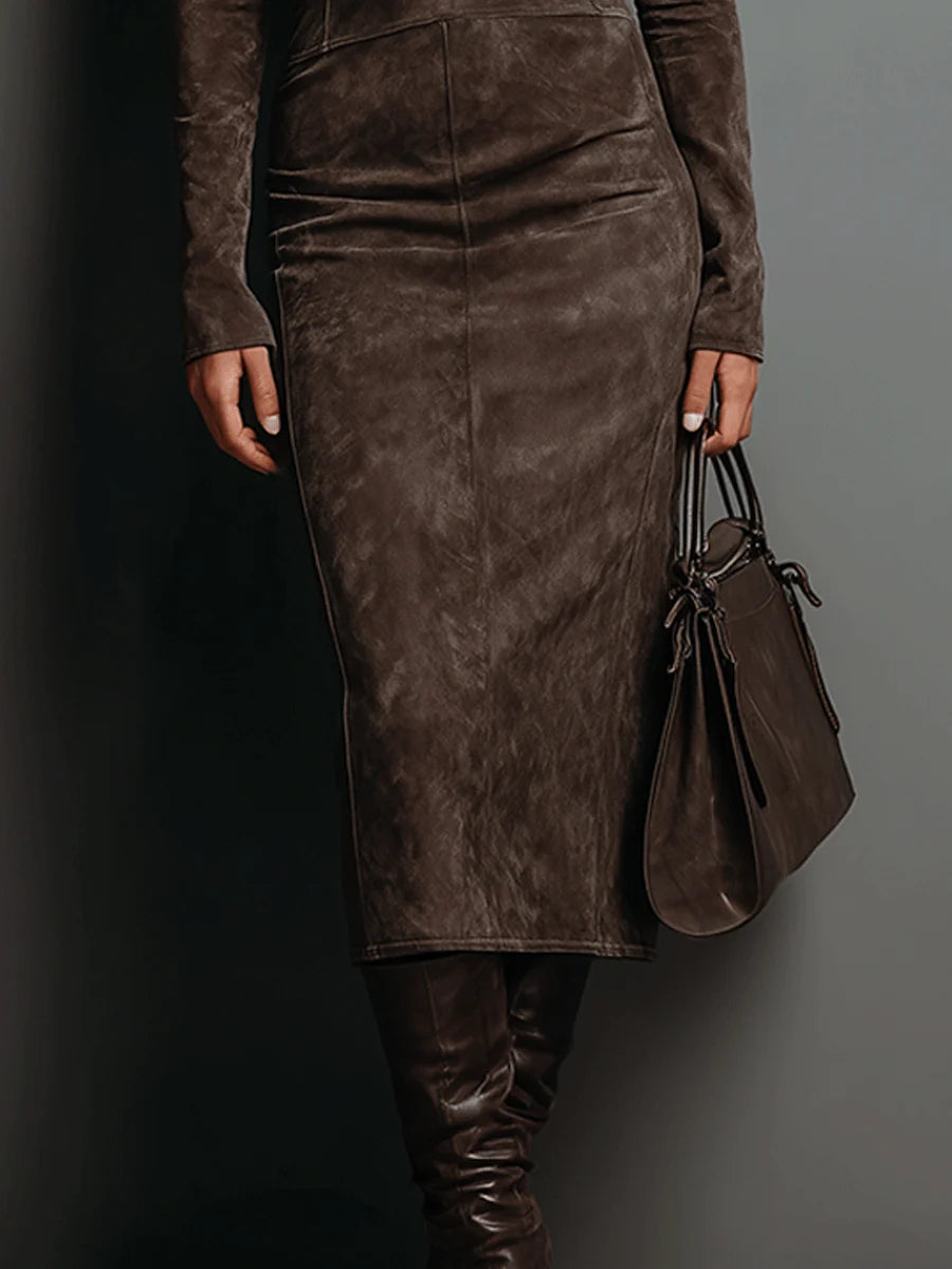 Robe Midi Suède à Col Montant et Manches Longues