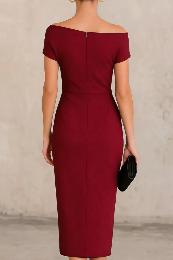 Robe Midi Plissée Slim-fit à Manches Courtes Élégante