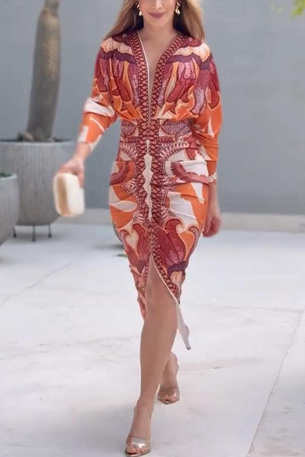 Robe Midi à Imprimé Unique avec Manches Dolman et Fente Froncée