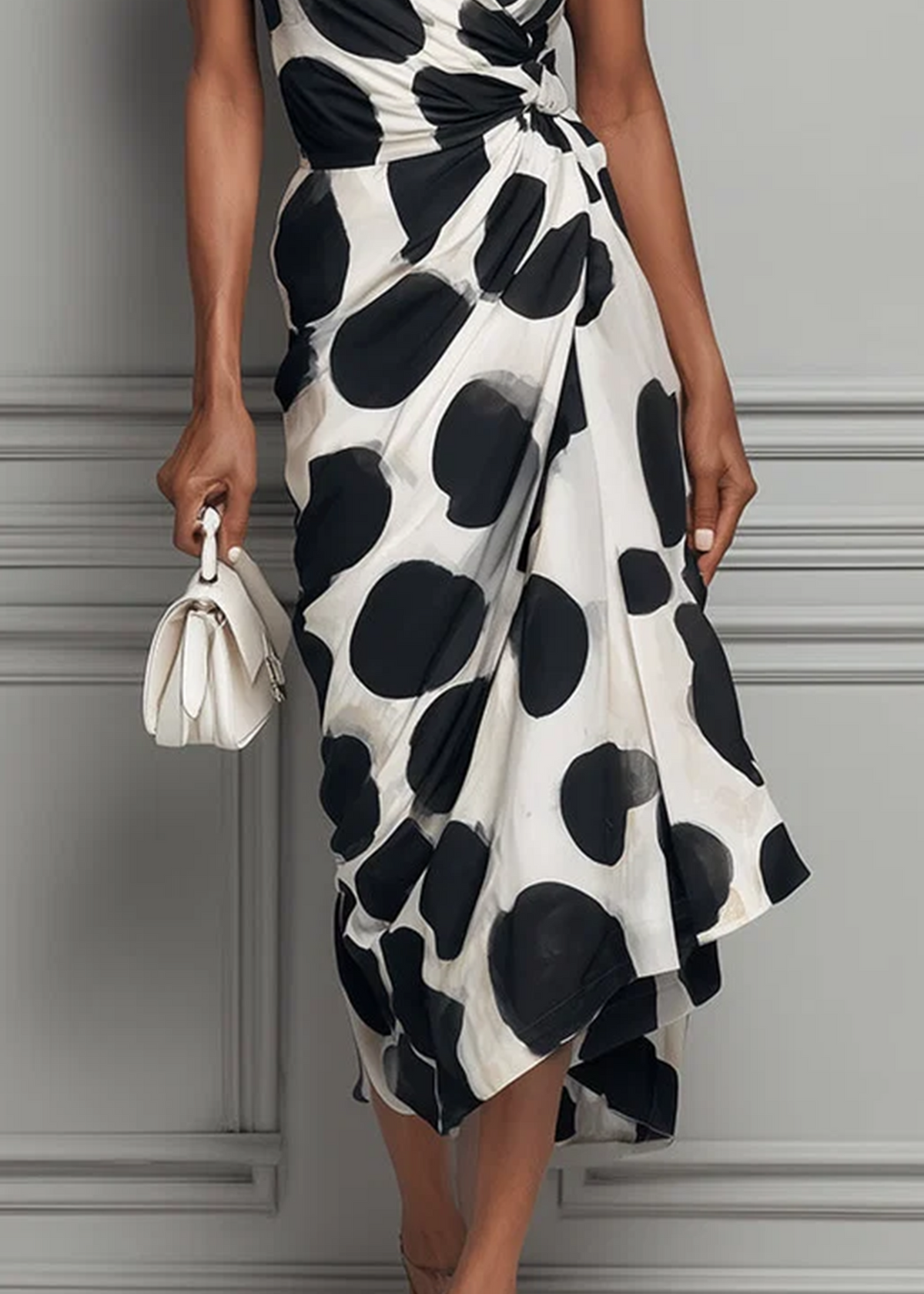 Robe Midi à Taille Cintrée à Imprimé Pois Noir