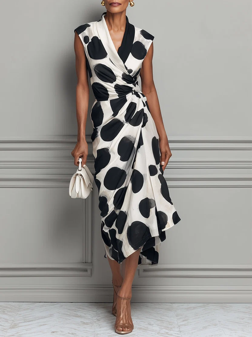 Robe Midi à Taille Cintrée à Imprimé Pois Noir
