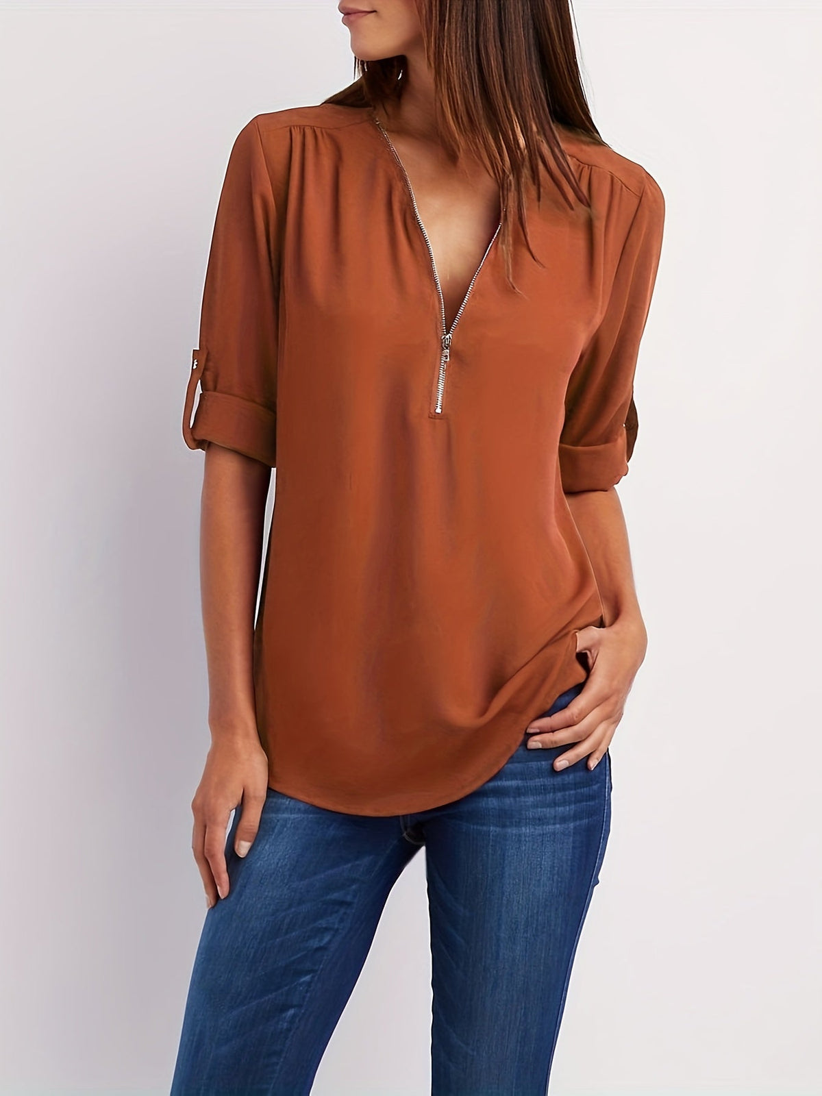 VIDAL BORDEAUX | BLOUSE À COL EN V ZIP POUR FEMMES