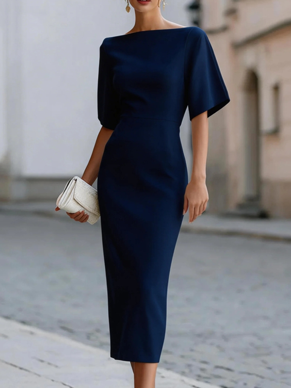 Robe Midi Ajustée Col Bateau