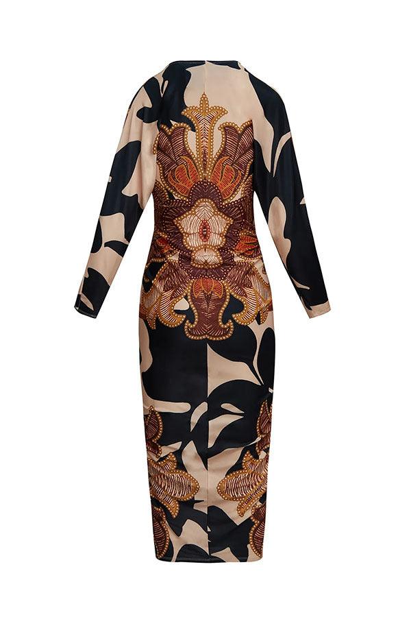 Robe Midi à Imprimé Unique avec Manches Dolman et Fente Froncée