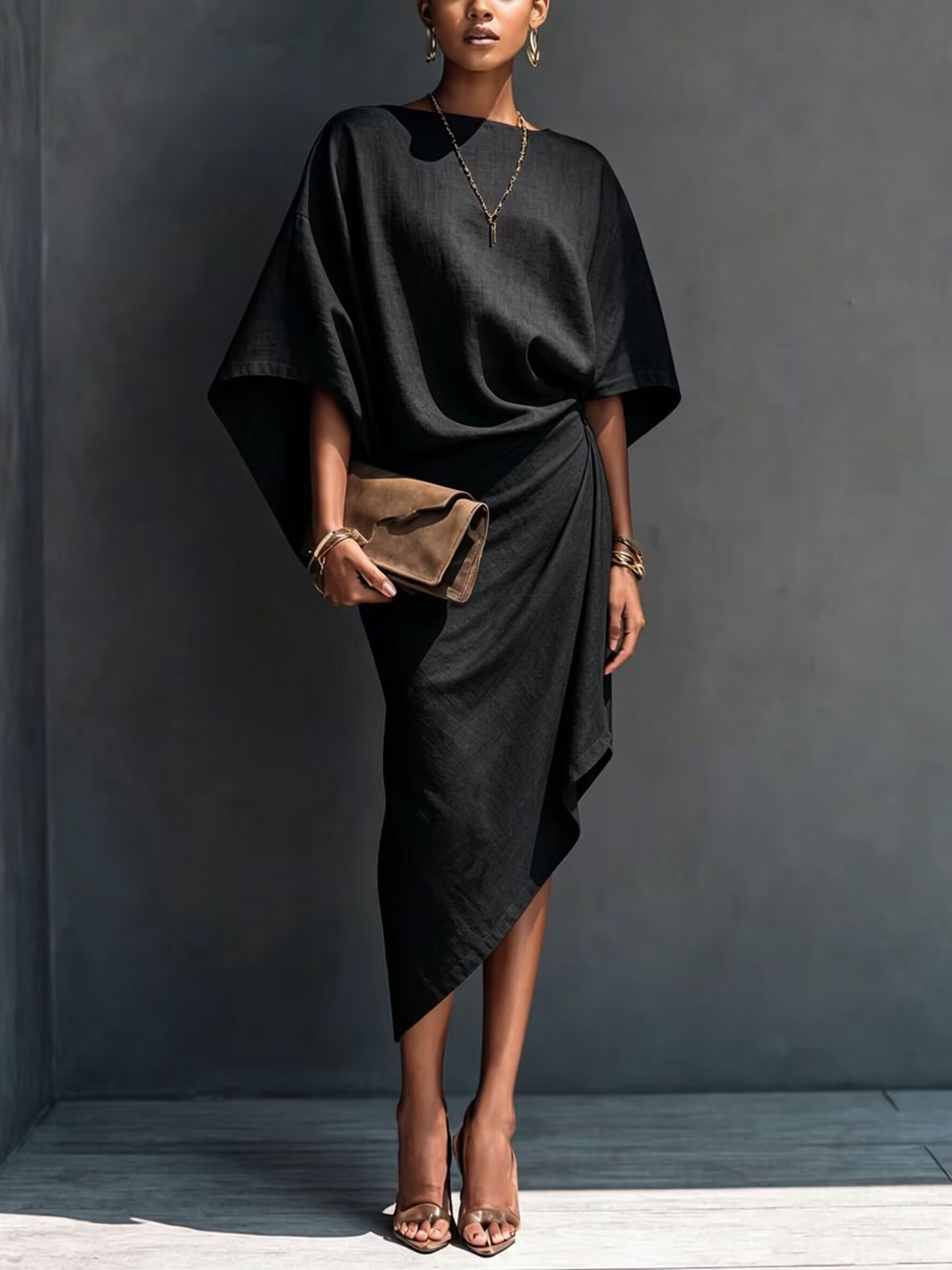 Robe Midi Drapée Asymétrique Khaki à Manches Courtes
