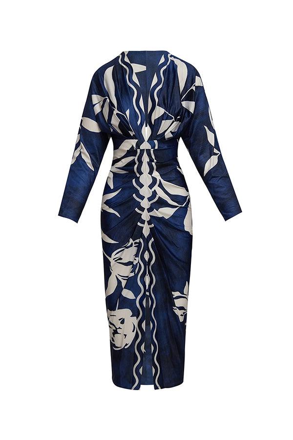 Robe Midi à Imprimé Unique avec Manches Dolman et Fente Froncée