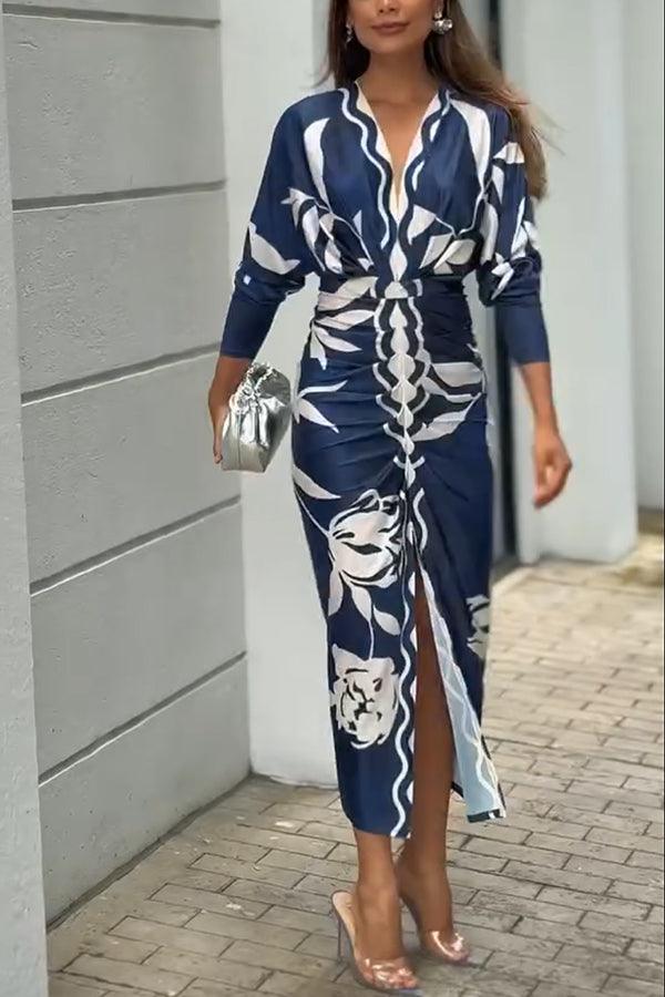 Robe Midi à Imprimé Unique avec Manches Dolman et Fente Froncée
