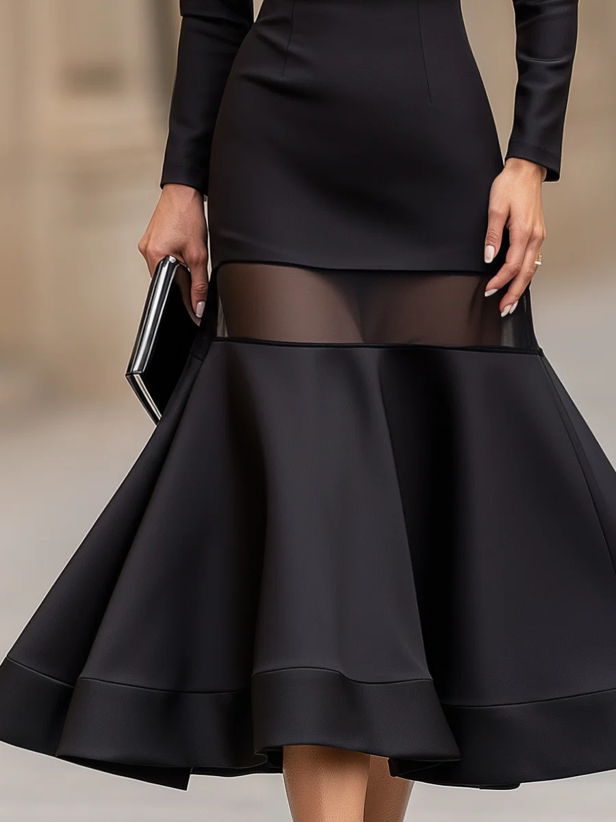 Robe Midi A-Ligne Noir à Manches Longues avec Panneau en Maille