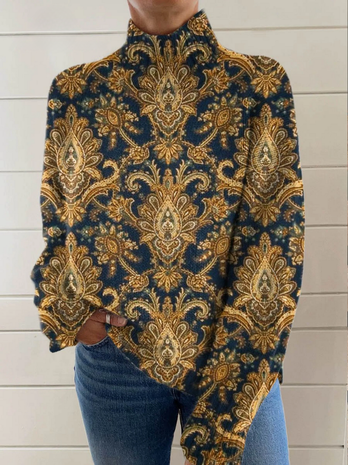 Pauline | Pull à col montant en paisley orné