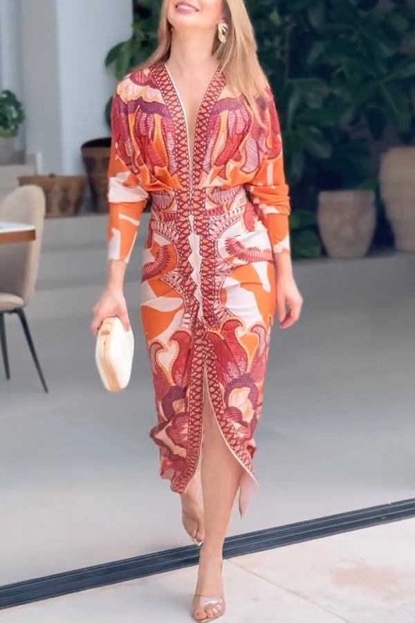 Robe Midi à Imprimé Unique avec Manches Dolman et Fente Froncée