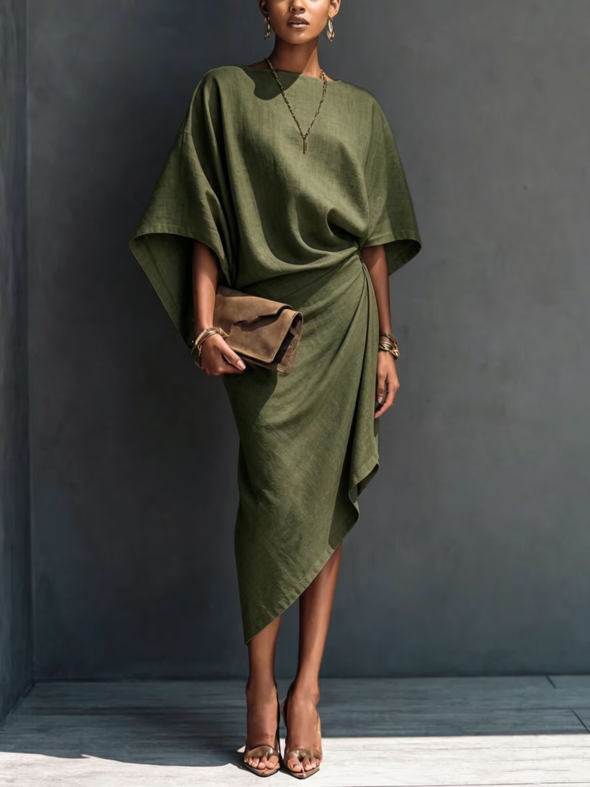 Robe Midi Drapée Asymétrique Khaki à Manches Courtes