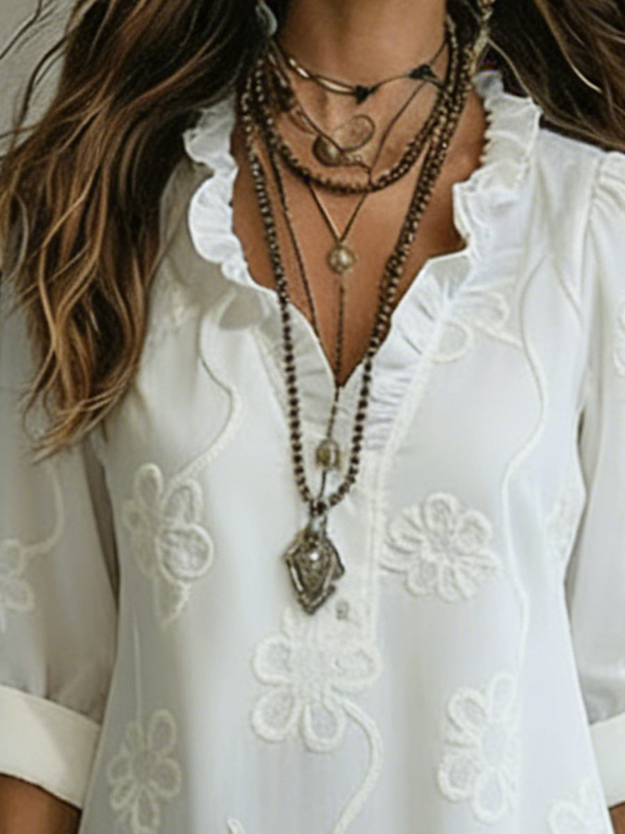 Robe Midi à Imprimé Floral Élégant avec Col Froncé