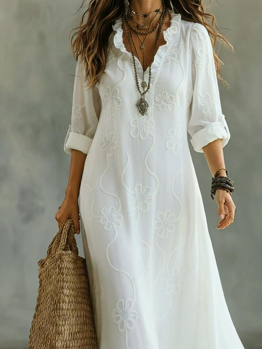 Robe Midi à Imprimé Floral Élégant avec Col Froncé