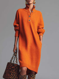 Robe Midi Tricotée à Boutons Avant Orange