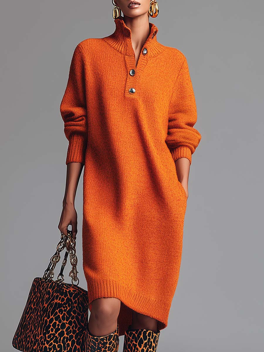 Robe Midi Tricotée à Boutons Avant Orange