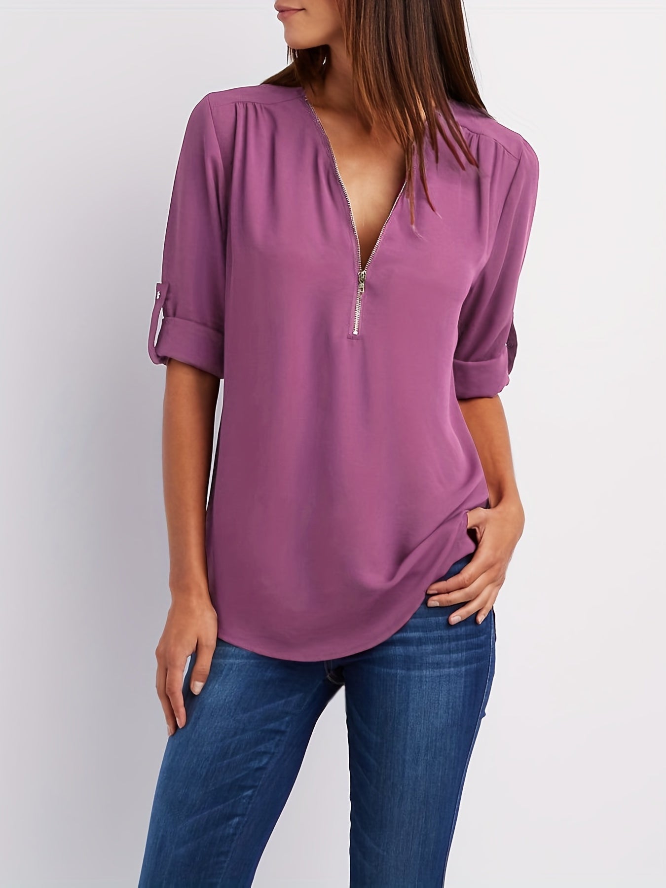 VIDAL BORDEAUX | BLOUSE À COL EN V ZIP POUR FEMMES