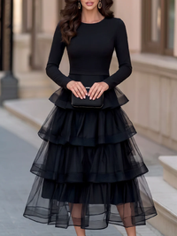 Robe Midi Noire à Manches Longues avec Volants