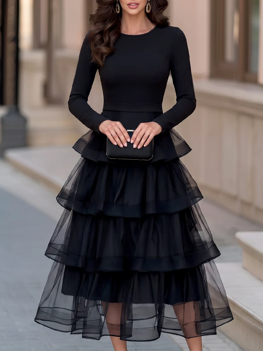 Robe Midi Noire à Manches Longues avec Volants