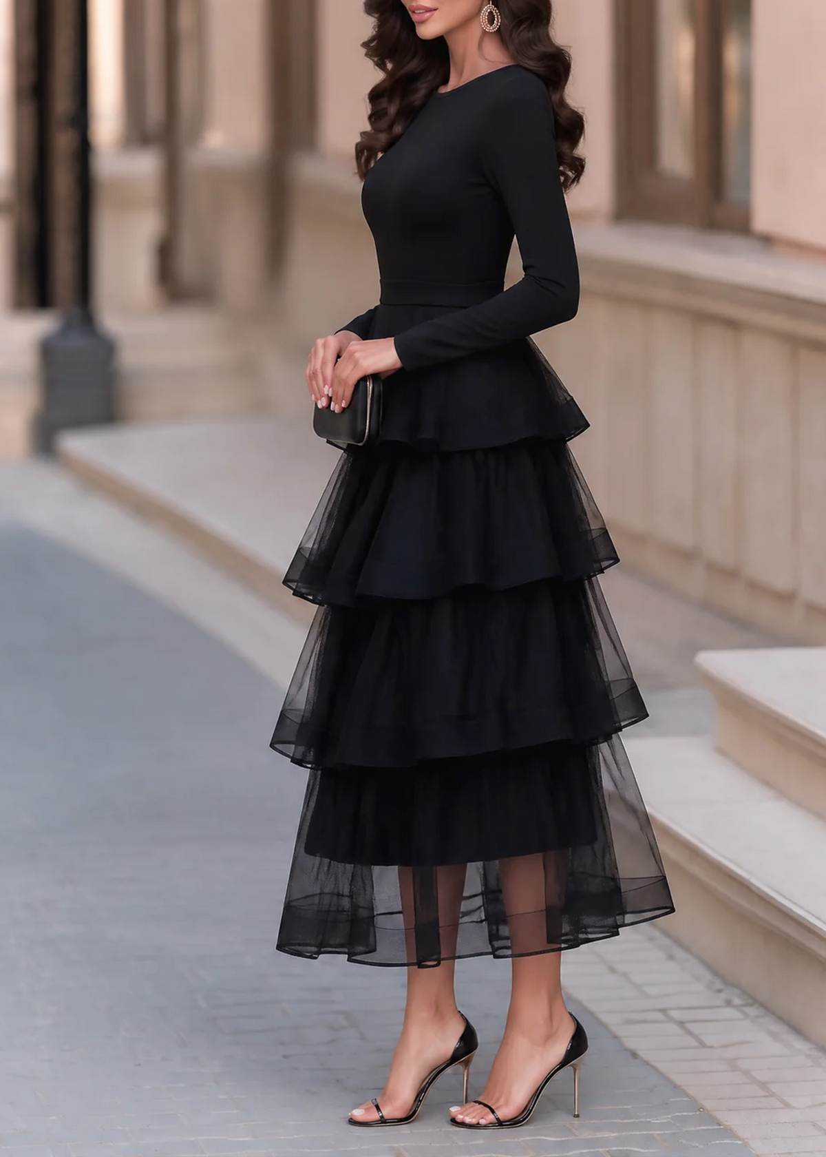 Robe Midi Noire à Manches Longues avec Volants