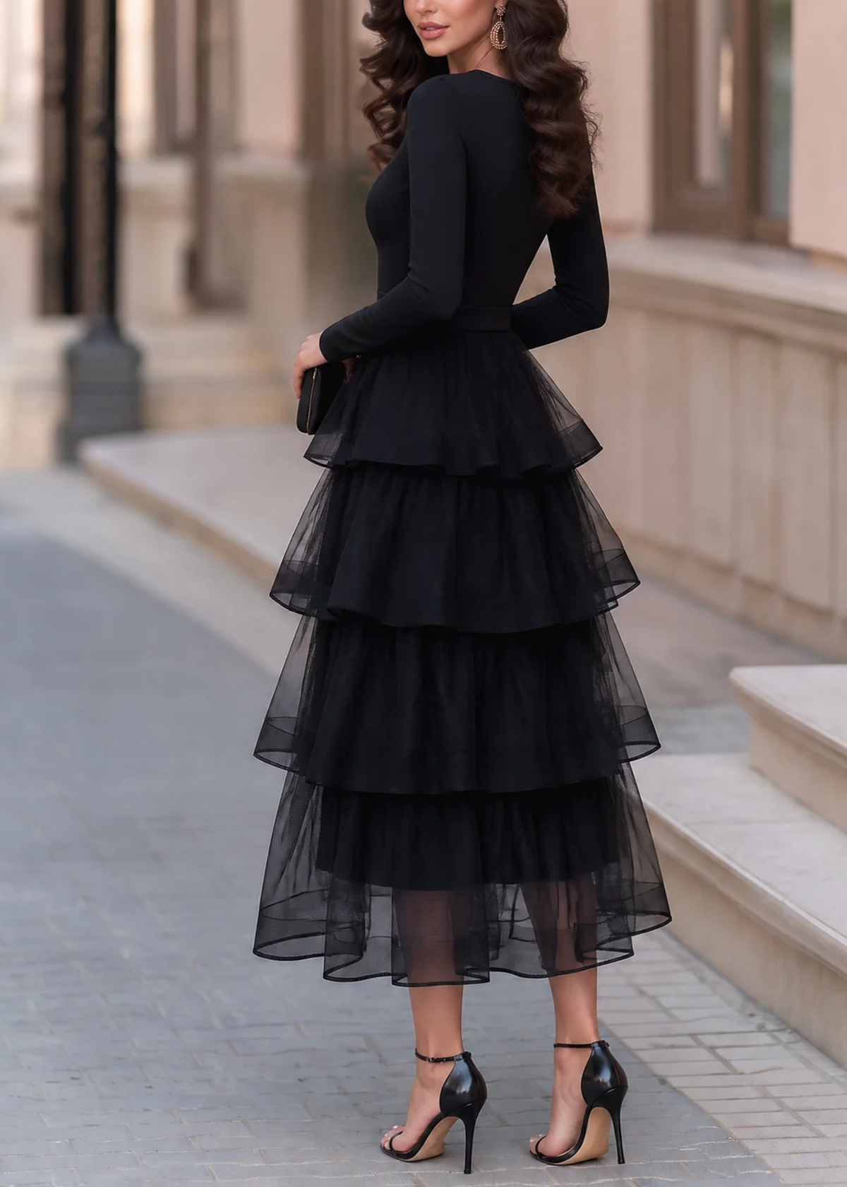 Robe Midi Noire à Manches Longues avec Volants