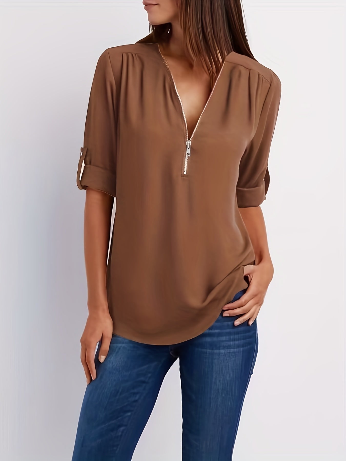 VIDAL BORDEAUX | BLOUSE À COL EN V ZIP POUR FEMMES