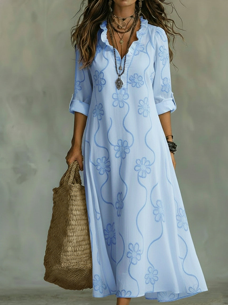 Robe Midi à Imprimé Floral Élégant avec Col Froncé
