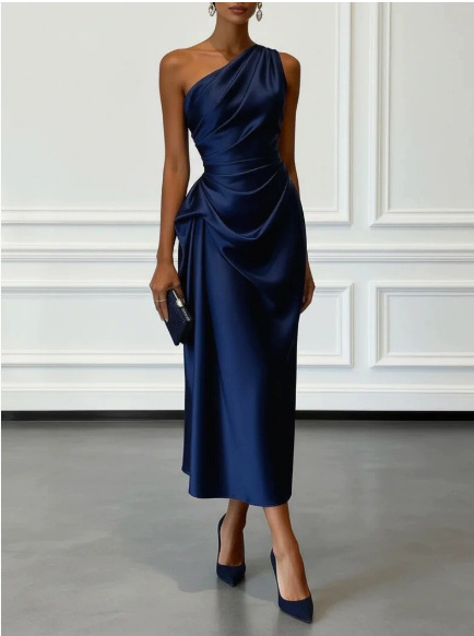 Robe Midi Froncée Sans Manches en Satin Champagne à Épaule Unique