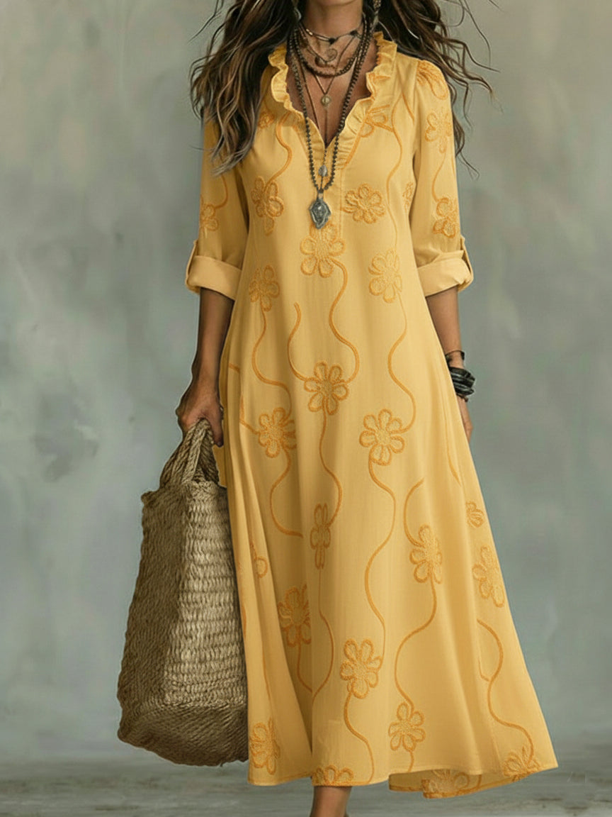 Robe Midi à Imprimé Floral Élégant avec Col Froncé