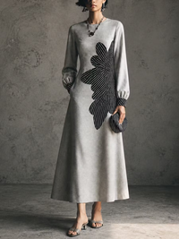 Robe Midi Casual à Manches Longues Imprimée Grise