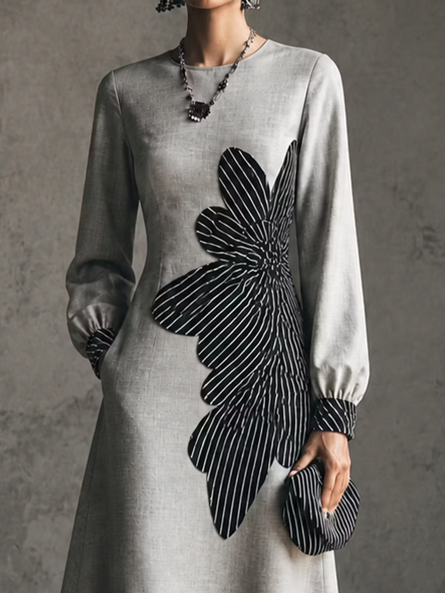 Robe Midi Casual à Manches Longues Imprimée Grise