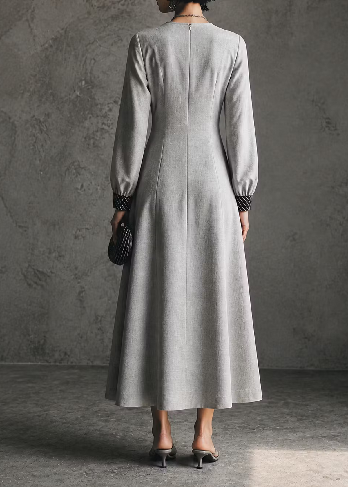 Robe Midi Casual à Manches Longues Imprimée Grise