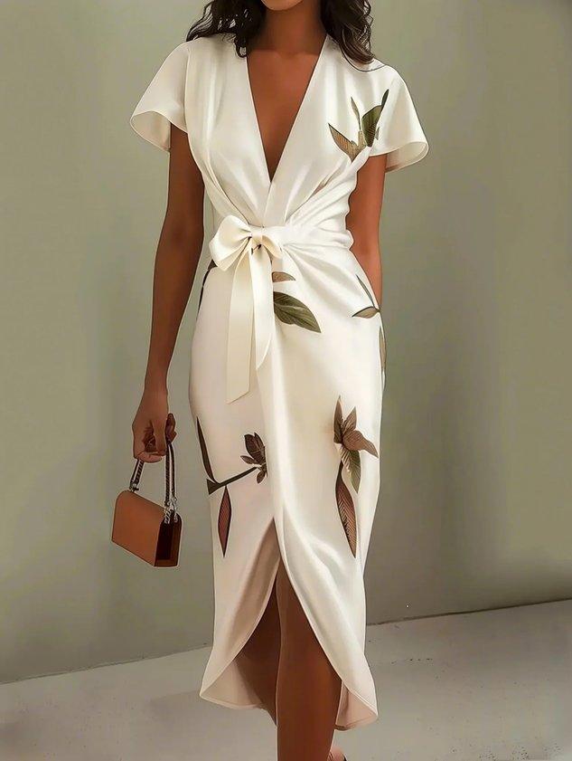 Robe Midi En Satin À Manches Courtes Blanche