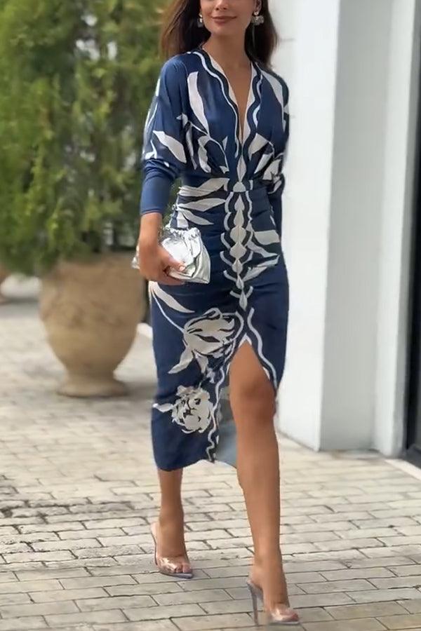 Robe Midi à Imprimé Unique avec Manches Dolman et Fente Froncée