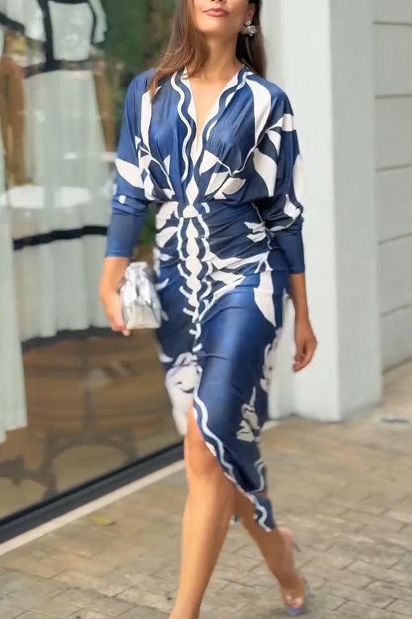 Robe Midi à Imprimé Unique avec Manches Dolman et Fente Froncée
