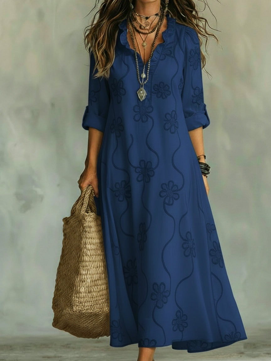 Robe Midi à Imprimé Floral Élégant avec Col Froncé