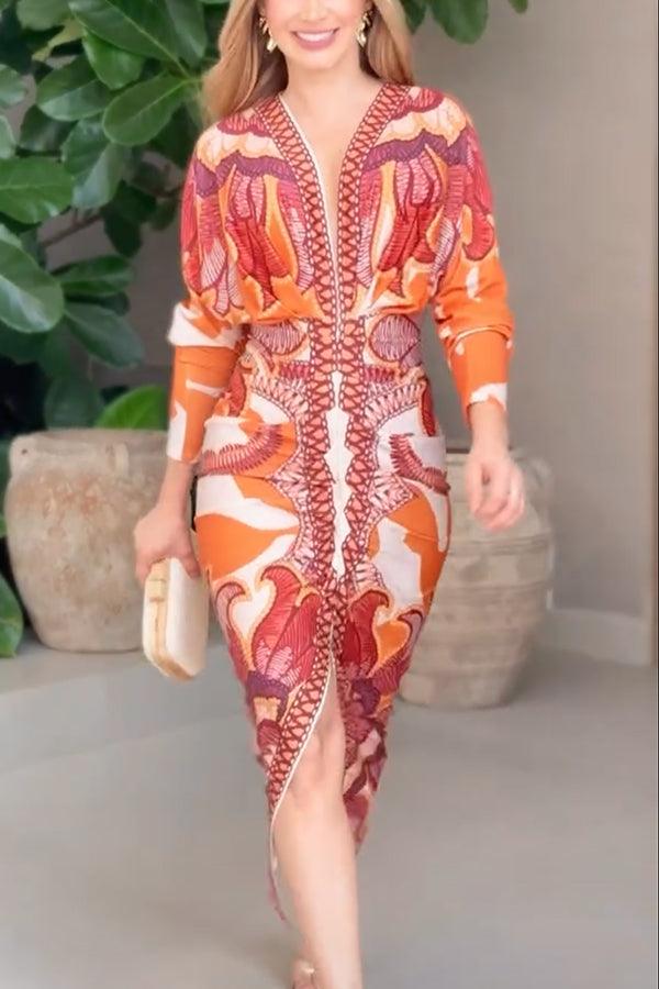 Robe Midi à Imprimé Unique avec Manches Dolman et Fente Froncée