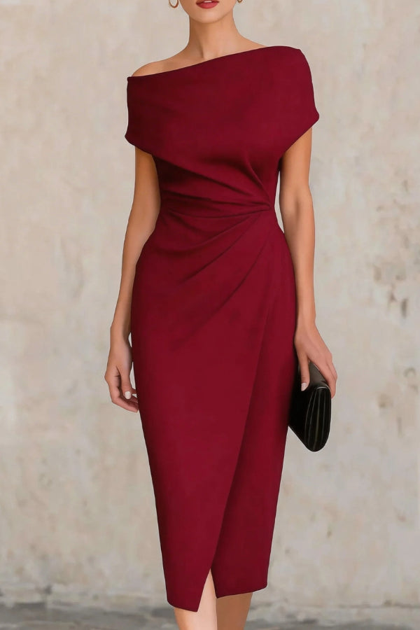 Robe Midi Plissée Slim-fit à Manches Courtes Élégante