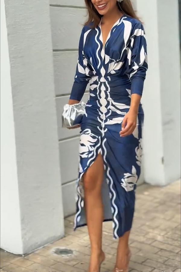 Robe Midi à Imprimé Unique avec Manches Dolman et Fente Froncée