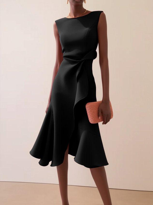 Robe Midi Élegante Sans Manches Rouge avec Torsion à la Taille pour le Jour et la Nuit